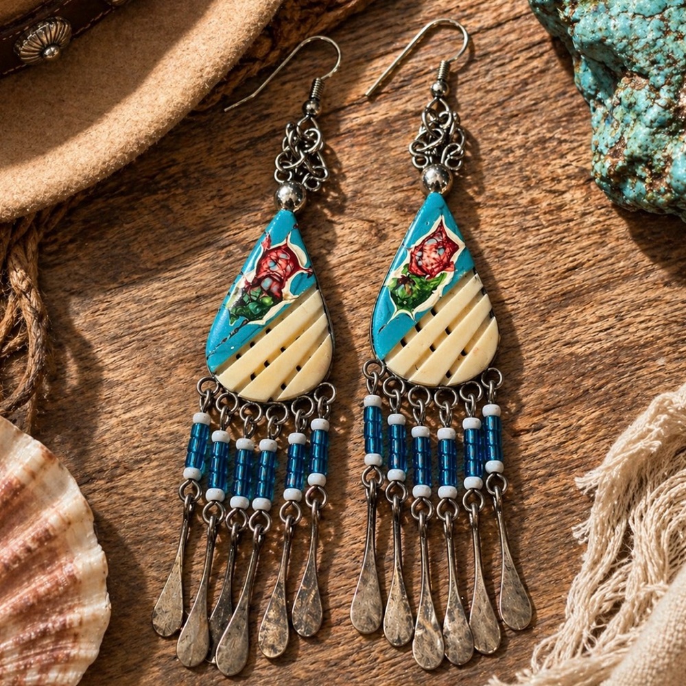 Artisan Carved Bone Fringe Earrings Boho Turquoise Statement